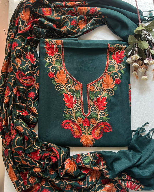 Kashmiri Embroidered Woolen Suit with Full Jaal Stole - Peacock Green