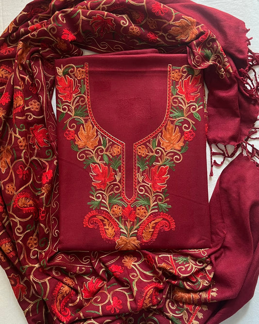 Kashmiri Embroidered Woolen Suit with Full Jaal Stole - Red
