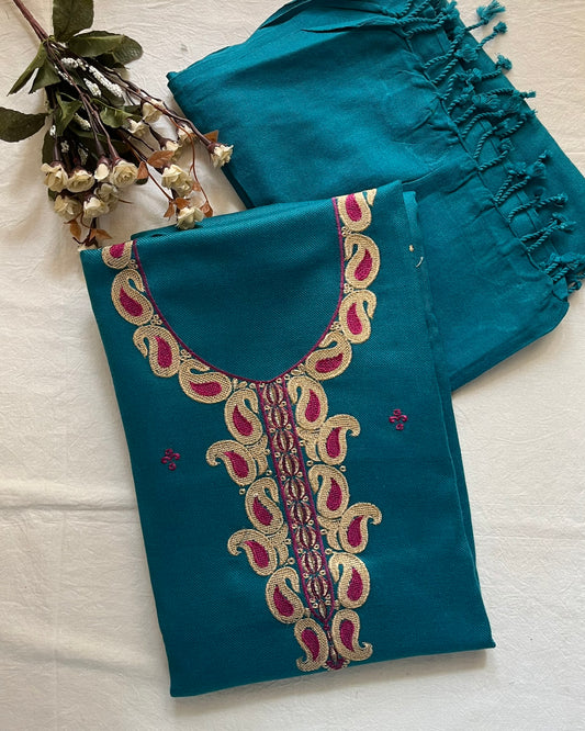Pretty Blue Woolen Suit with Embroidery, Booti Work & Tassel Stole