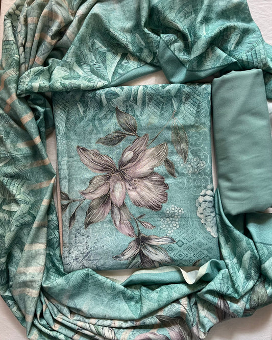Ombre Blue Viscose Pashmina Suit with Aari Work & Digital Printed Stole