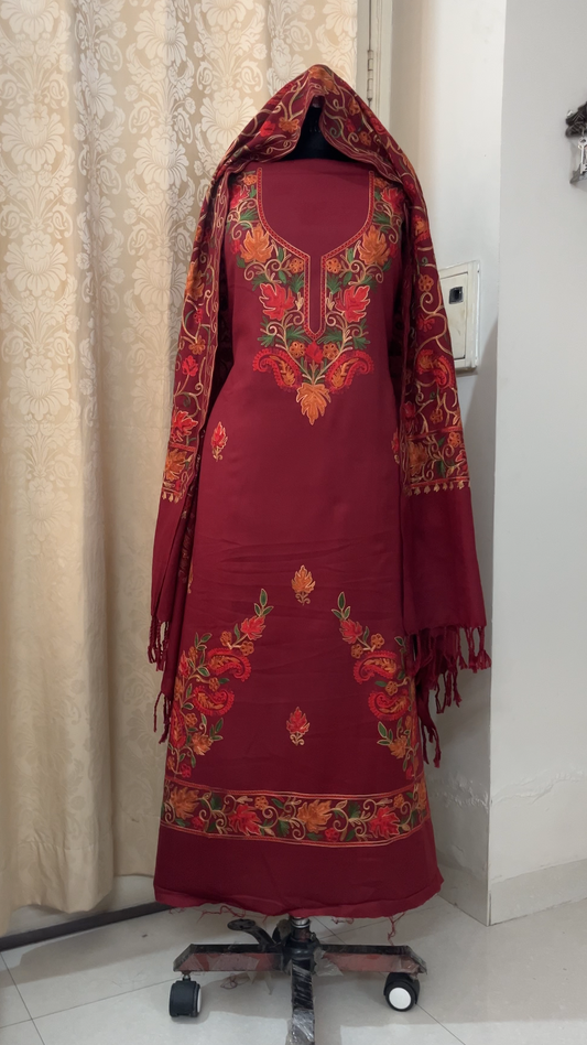 Kashmiri Embroidered Woolen Suit with Full Jaal Stole - Red