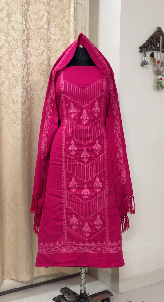 Gulabi Pink Acrylic Wool Embroidered Suit with Matching Stole