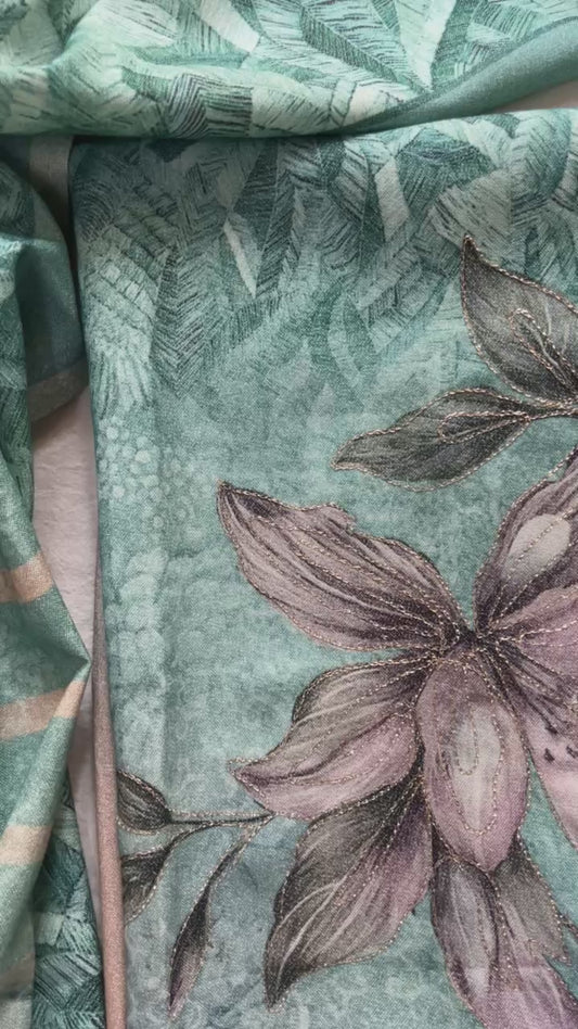 Ombre Blue Viscose Pashmina Suit with Aari Work & Digital Printed Stole