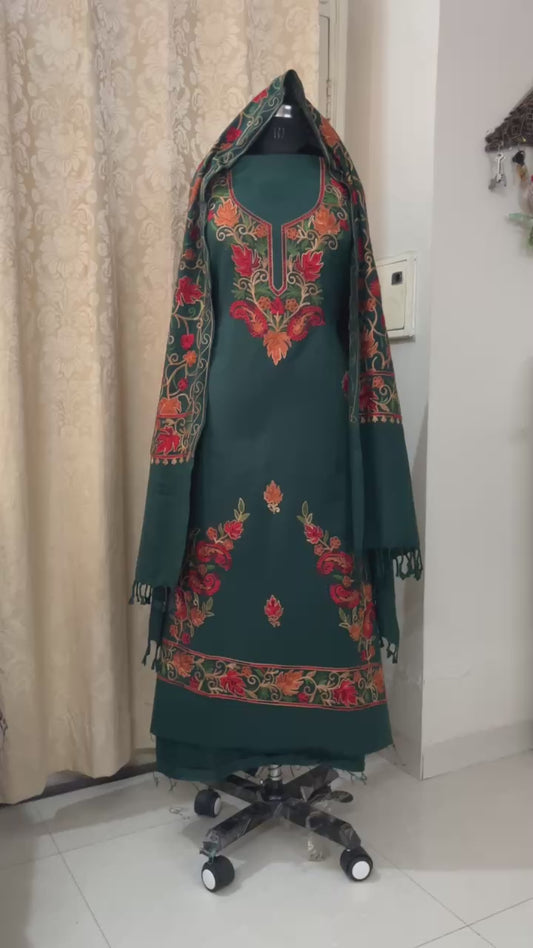 Kashmiri Embroidered Woolen Suit with Full Jaal Stole - Peacock Green