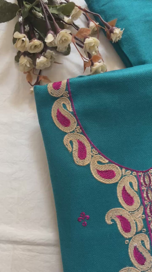 Pretty Blue Woolen Suit with Embroidery, Booti Work & Tassel Stole