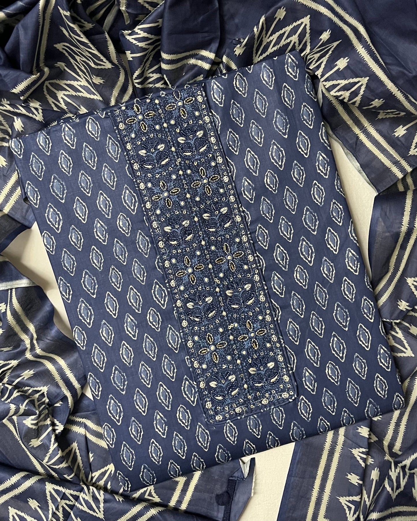 Zevar Pure 100% Cotton Suit Set with Hand Embroidered Neck Patch - Imperial Blue