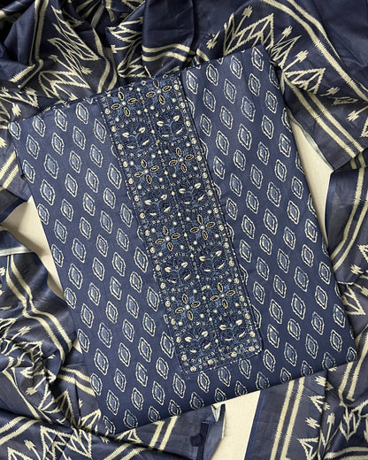 Zevar Pure 100% Cotton Suit Set with Hand Embroidered Neck Patch - Imperial Blue