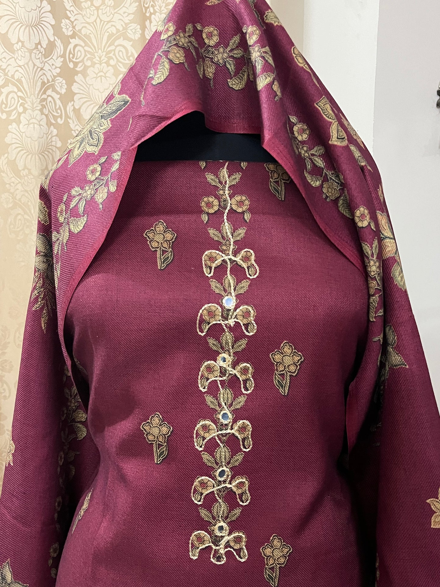 Phool Aari-Work Toosh Pashmina Woolen Suit - Raspberry Pink