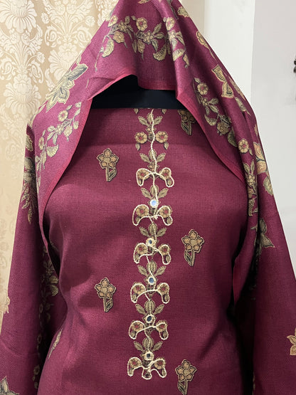 Phool Aari-Work Toosh Pashmina Woolen Suit - Raspberry Pink
