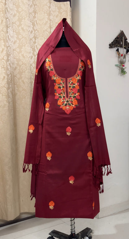 Kashmiri & Aari Embroidery Woolen Suit in Maroon Red