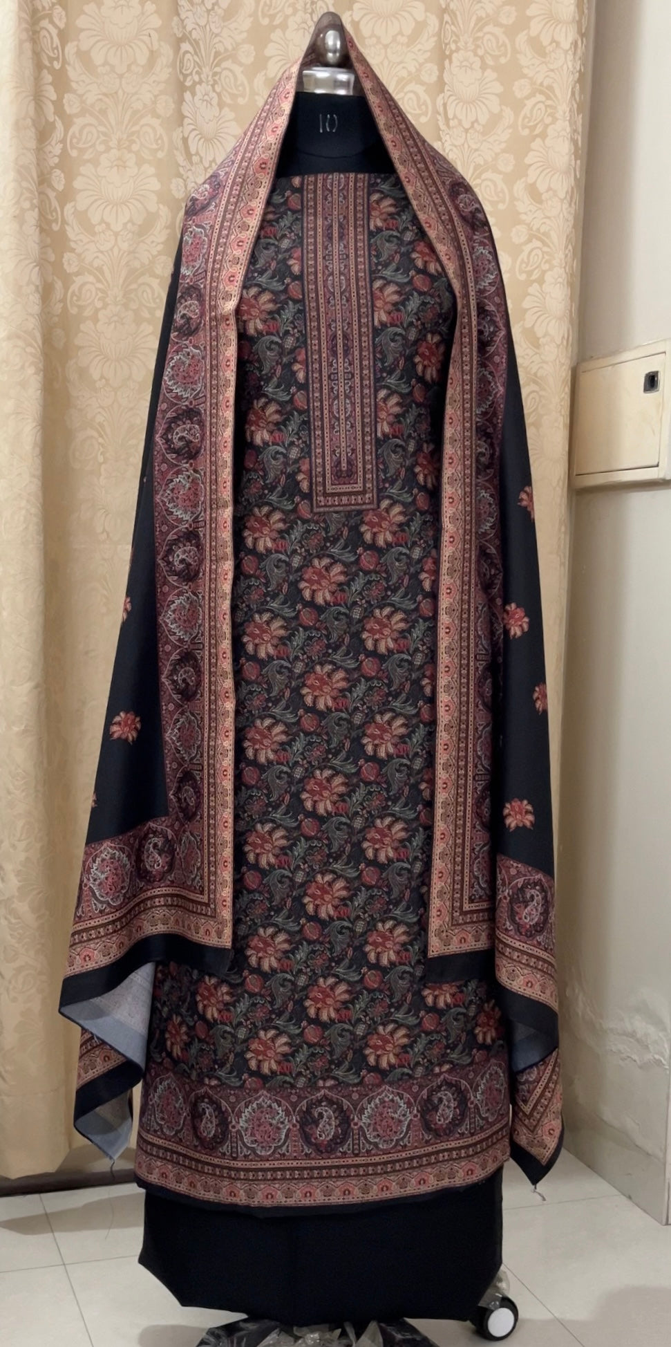 Khwab Black Floral Digitally Printed Woolen Suit with Matching Stole