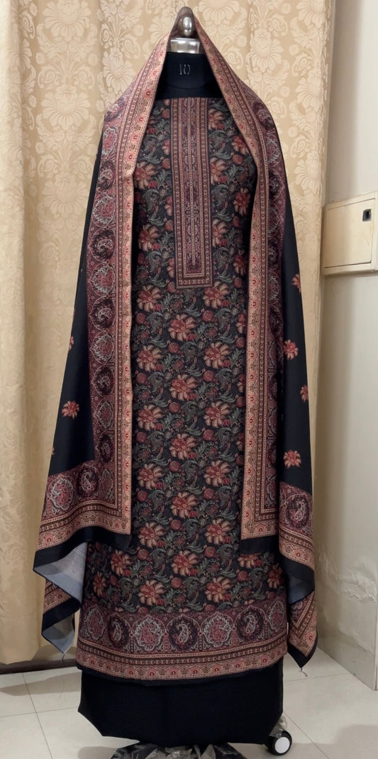 Khwab Black Floral Digitally Printed Woolen Suit with Matching Stole