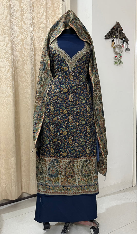 Tehzeeb Soft Pashmina Woolen Suit with Kani Print & Matching Stole - Navy Blue