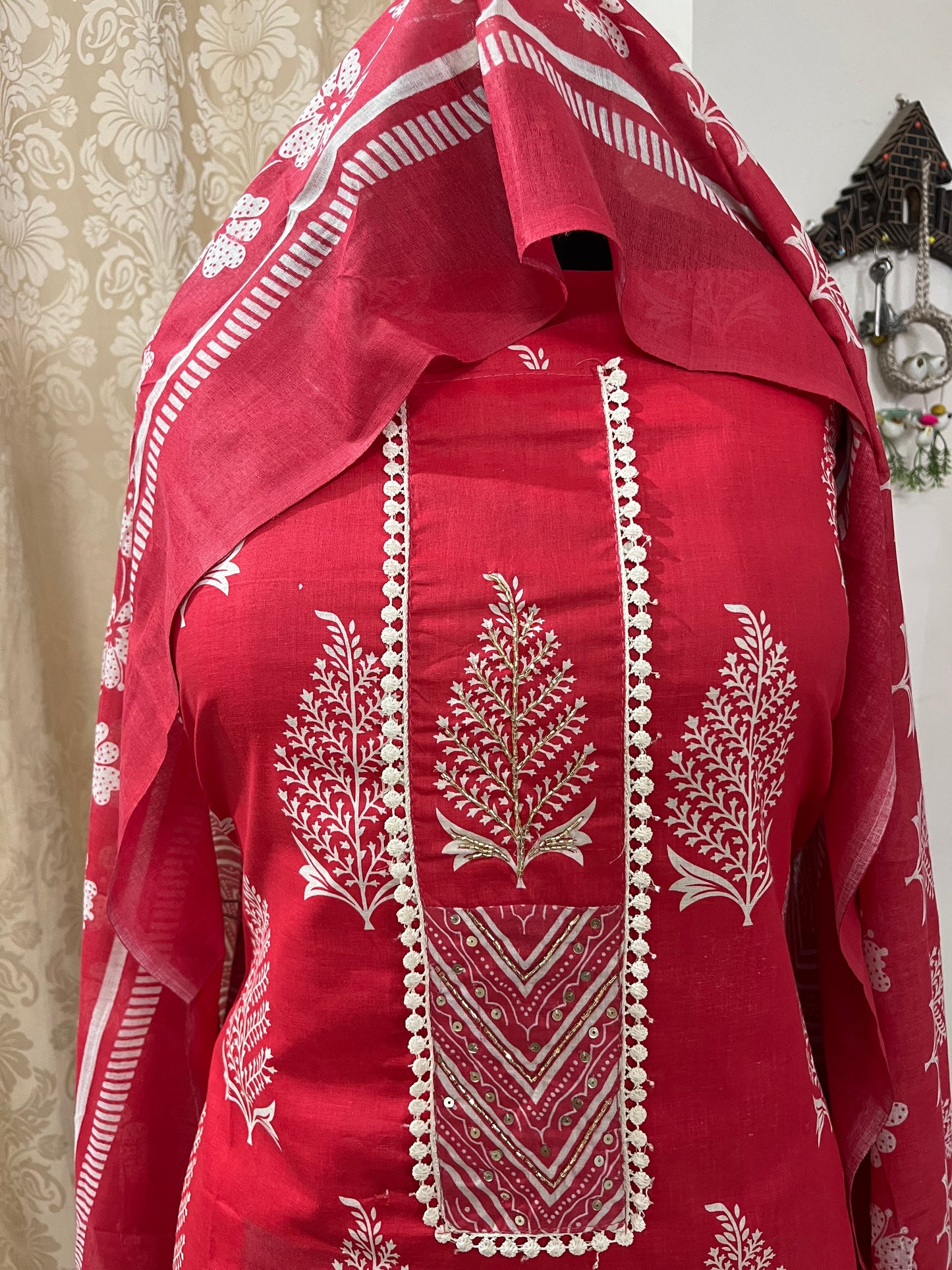 Subah Pure Cotton Suit Set with Sequin Handwork & Lace- Red