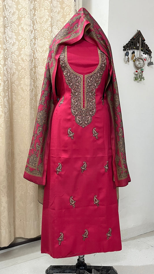 Virsa Pashmina Wool Suit with Antique-Style Embroidery - Magenta Pink