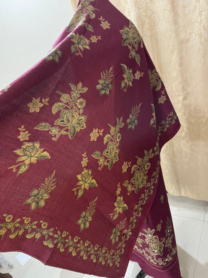 Phool Aari-Work Toosh Pashmina Woolen Suit - Raspberry Pink