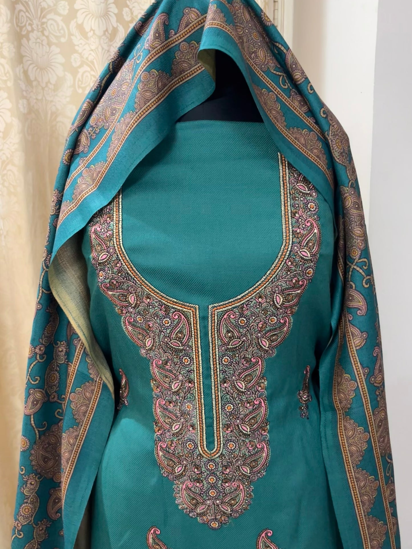 Virsa Pashmina Wool Suit with Antique-Style Embroidery - Teal Green