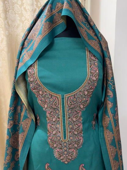 Virsa Pashmina Wool Suit with Antique-Style Embroidery - Teal Green