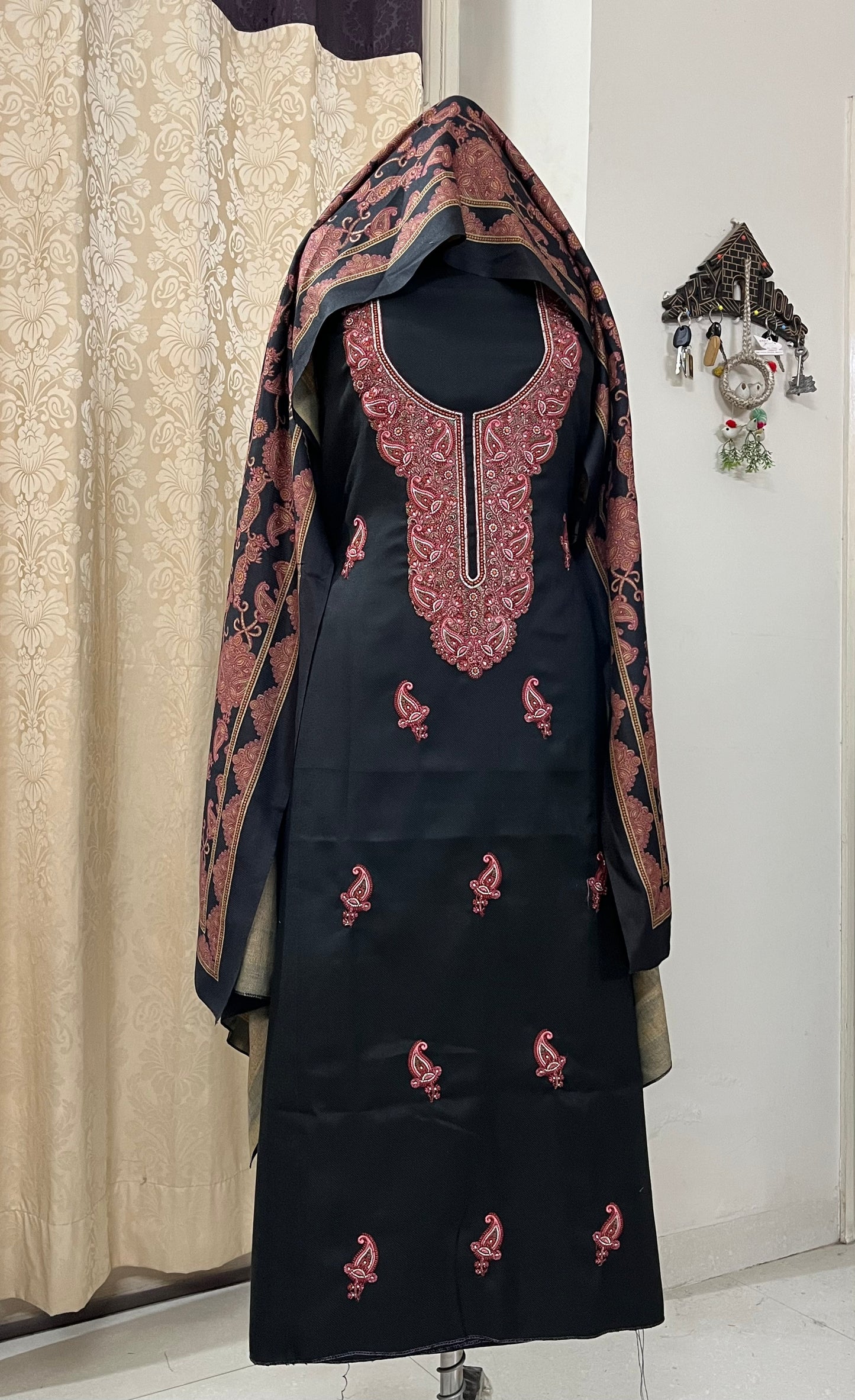 Virsa Pashmina Wool Suit with Antique-Style Embroidery - Black