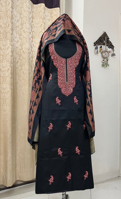 Virsa Pashmina Wool Suit with Antique-Style Embroidery - Black