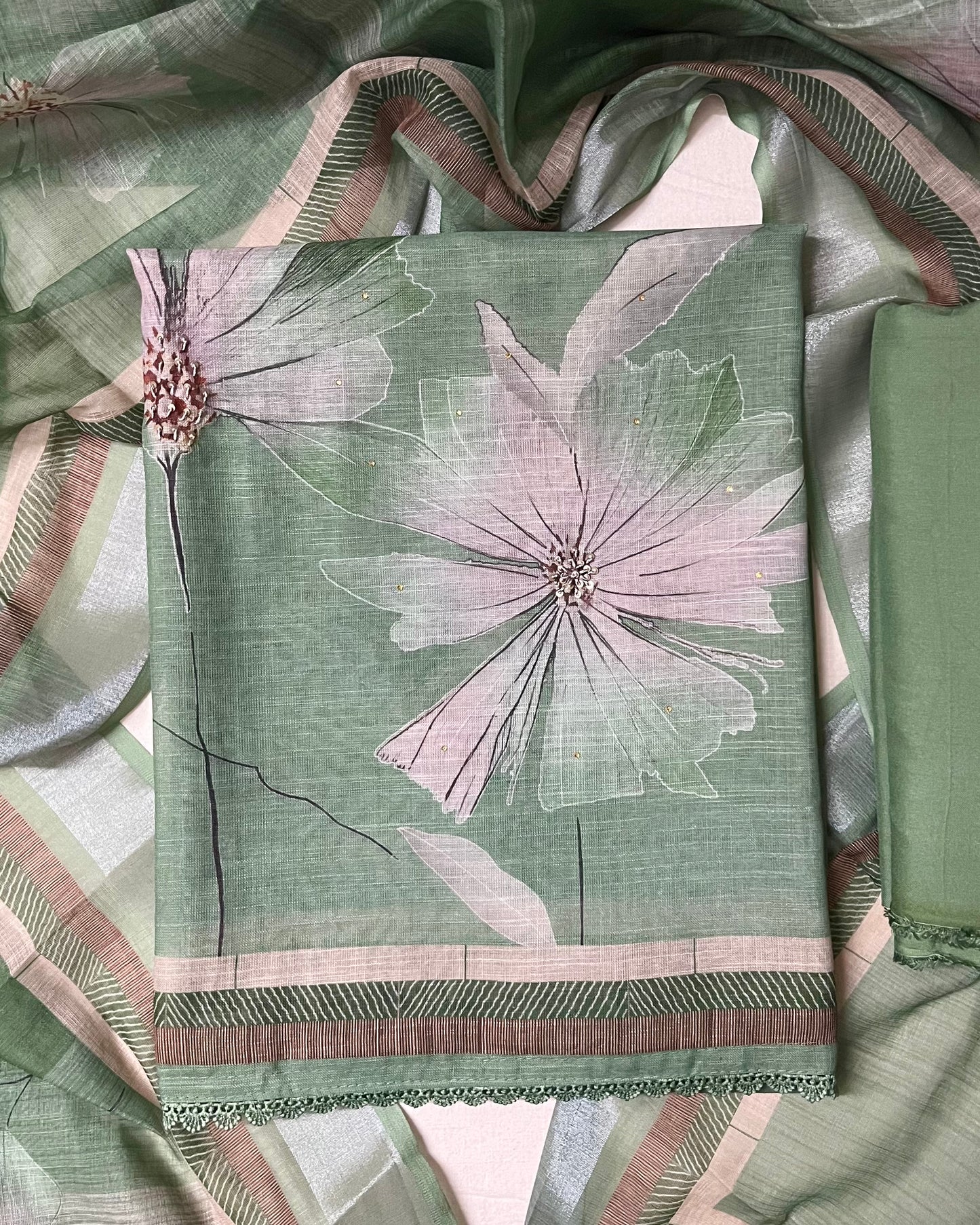 Hastkala Premium Linen Summer Floral Suit with Handwork - Sage Green