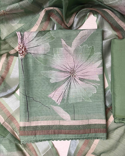 Hastkala Premium Linen Summer Floral Suit with Handwork - Sage Green