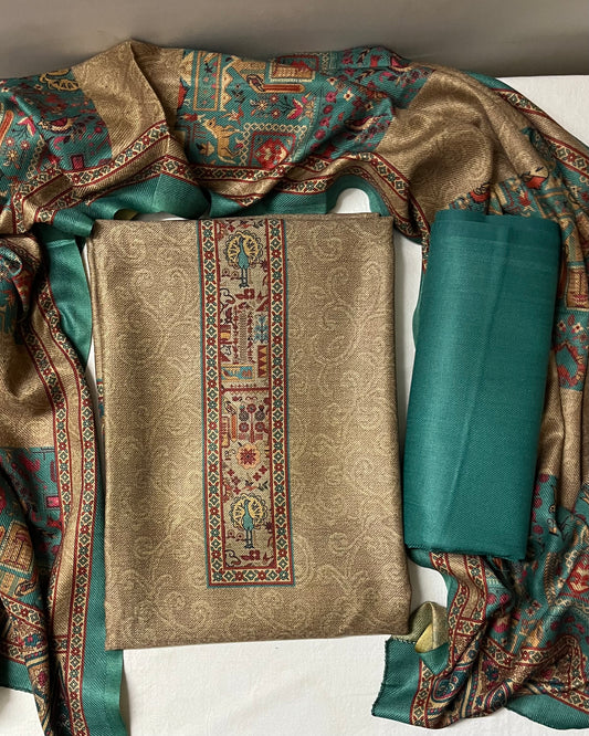 Kalakriti Pashmina Woolen Suit with Self-Design Base - Bottle Green