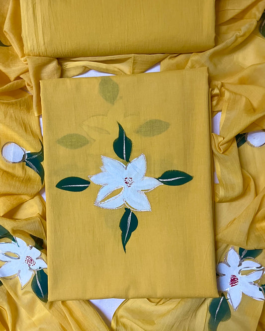 Basant Hand-painted Pure Mul Cotton Suit Set with Lining - Yellow