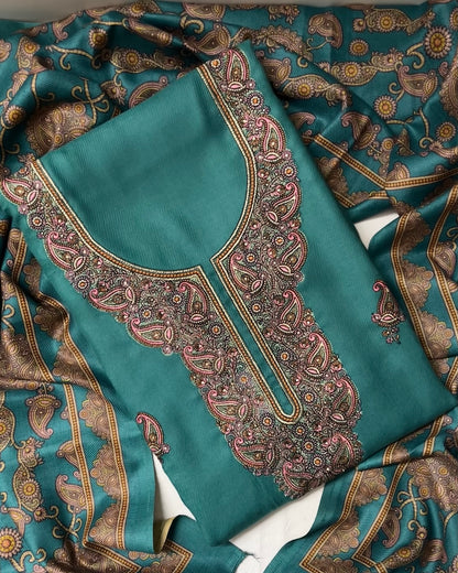 Virsa Pashmina Wool Suit with Antique-Style Embroidery - Teal Green