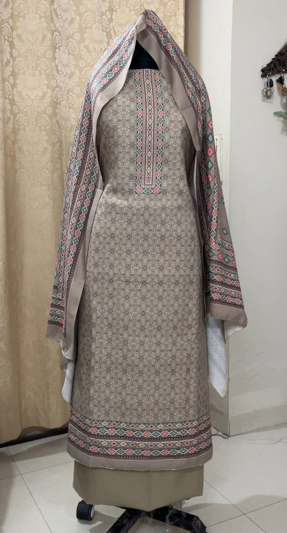 Stone Grey Floral Toosh Pashmina Suit with Matching Stole
