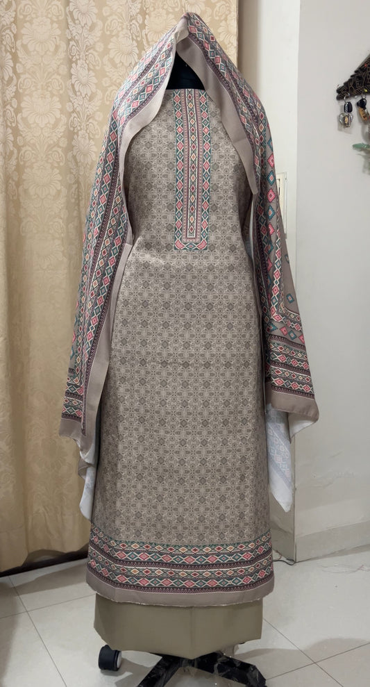 Stone Grey Floral Toosh Pashmina Suit with Matching Stole