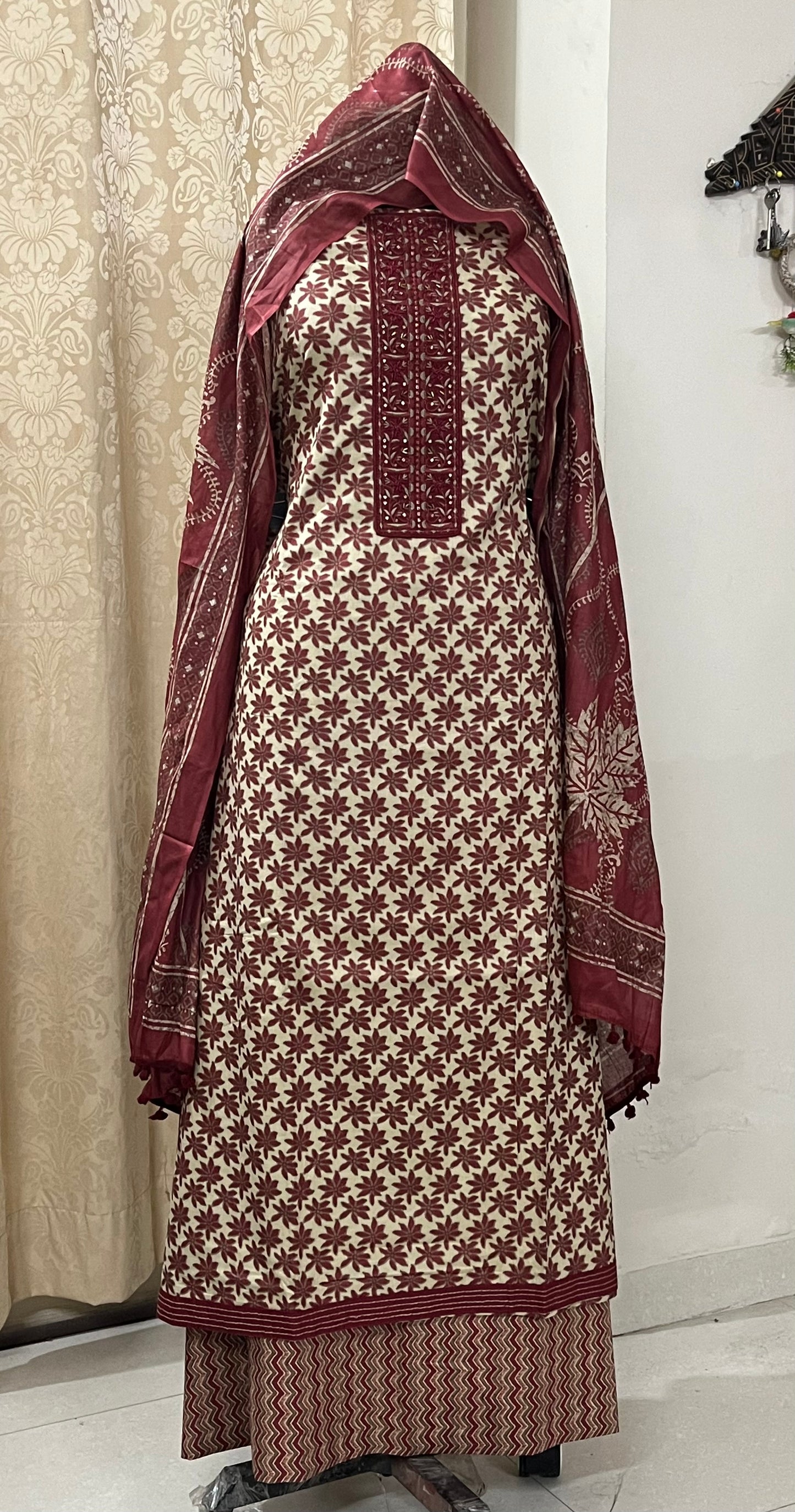 Nagma Pure Cotton Suit Set with Hand Embroidered Neck Patch - Rustic Red