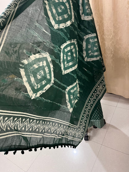 Zevar Pure 100% Cotton Suit Set with Hand Embroidered Neck Patch -Bottle Green