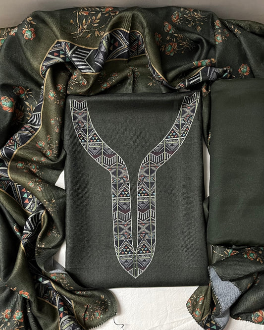 Woolen Suit with Digital Floral Print & Matching Stole - Mehndi Green