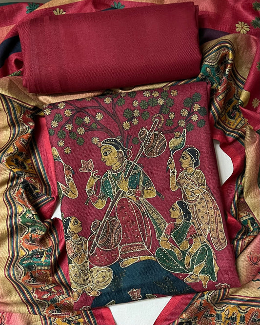 Meera Bai Pichwai Art Woolen Suit with Aari & Swarovski Work - Magenta Pink