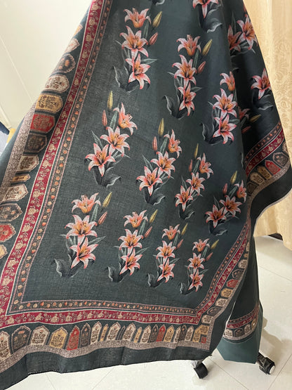 Zaara Aari-Work Toosh Pashmina Woolen Suit - Smoky Green