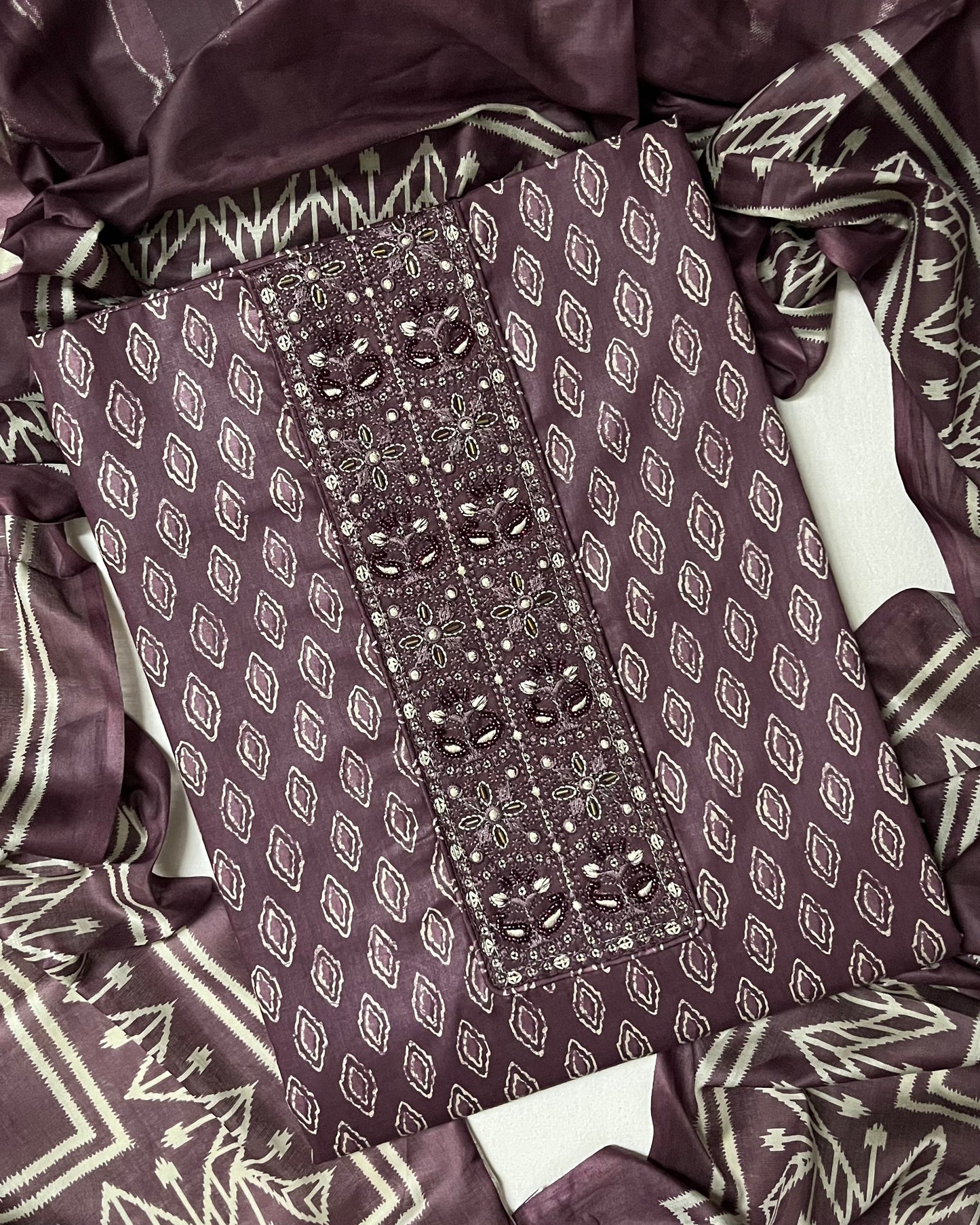 Zevar Pure 100% Cotton Suit Set with Hand Embroidered Neck Patch - Wine