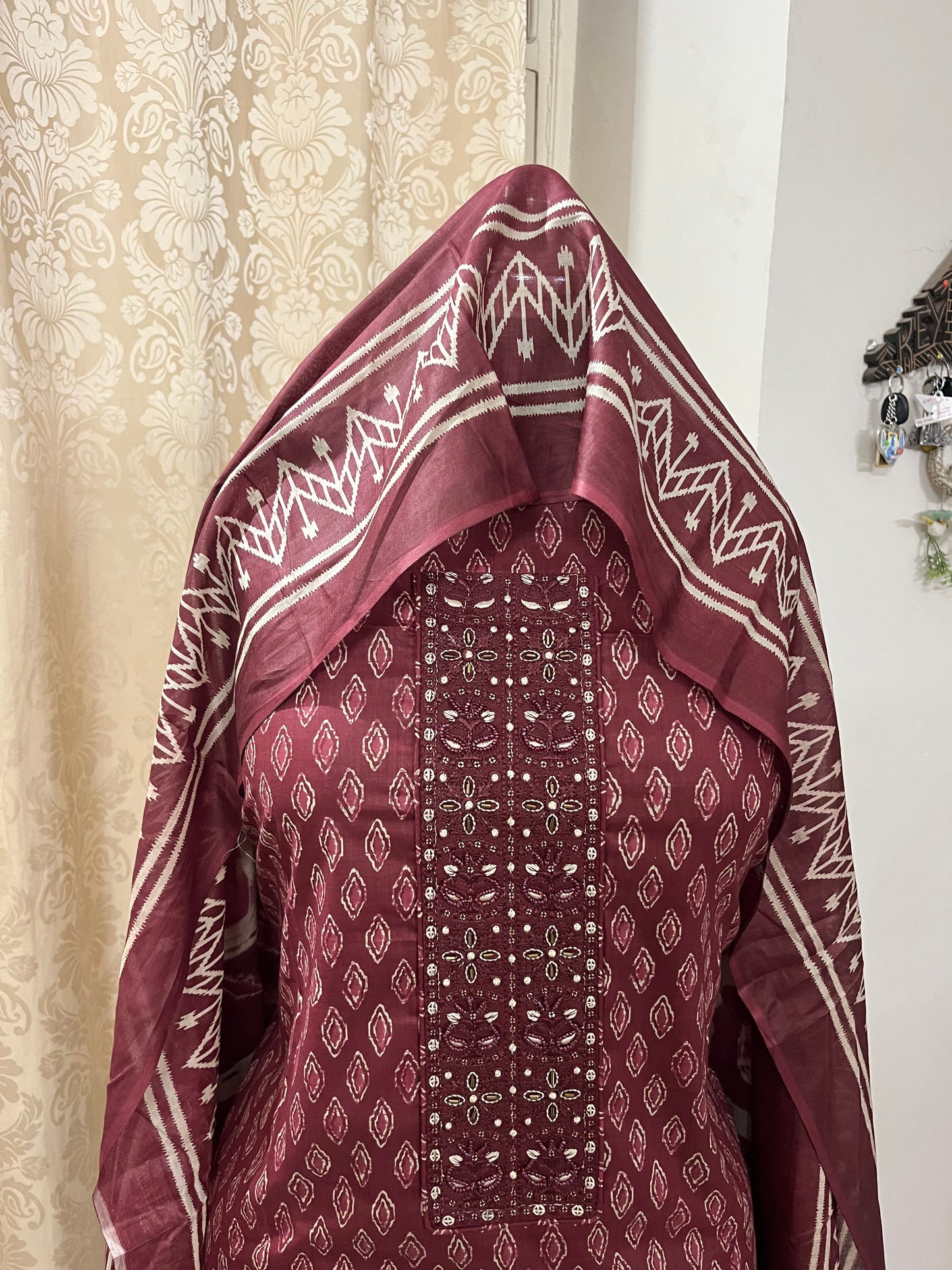 Zevar Pure 100% Cotton Suit Set with Hand Embroidered Neck Patch - Plum Red