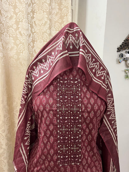 Zevar Pure 100% Cotton Suit Set with Hand Embroidered Neck Patch - Plum Red