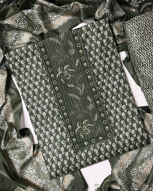 Roop Pure Cotton Suit Set with Embroidered Neck Patch - Mehndi Green