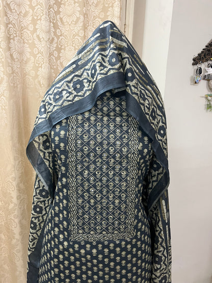 Paalki Pure Cotton Suit Set with Knot & Mirror Work Neck Patch - Midnight Blue