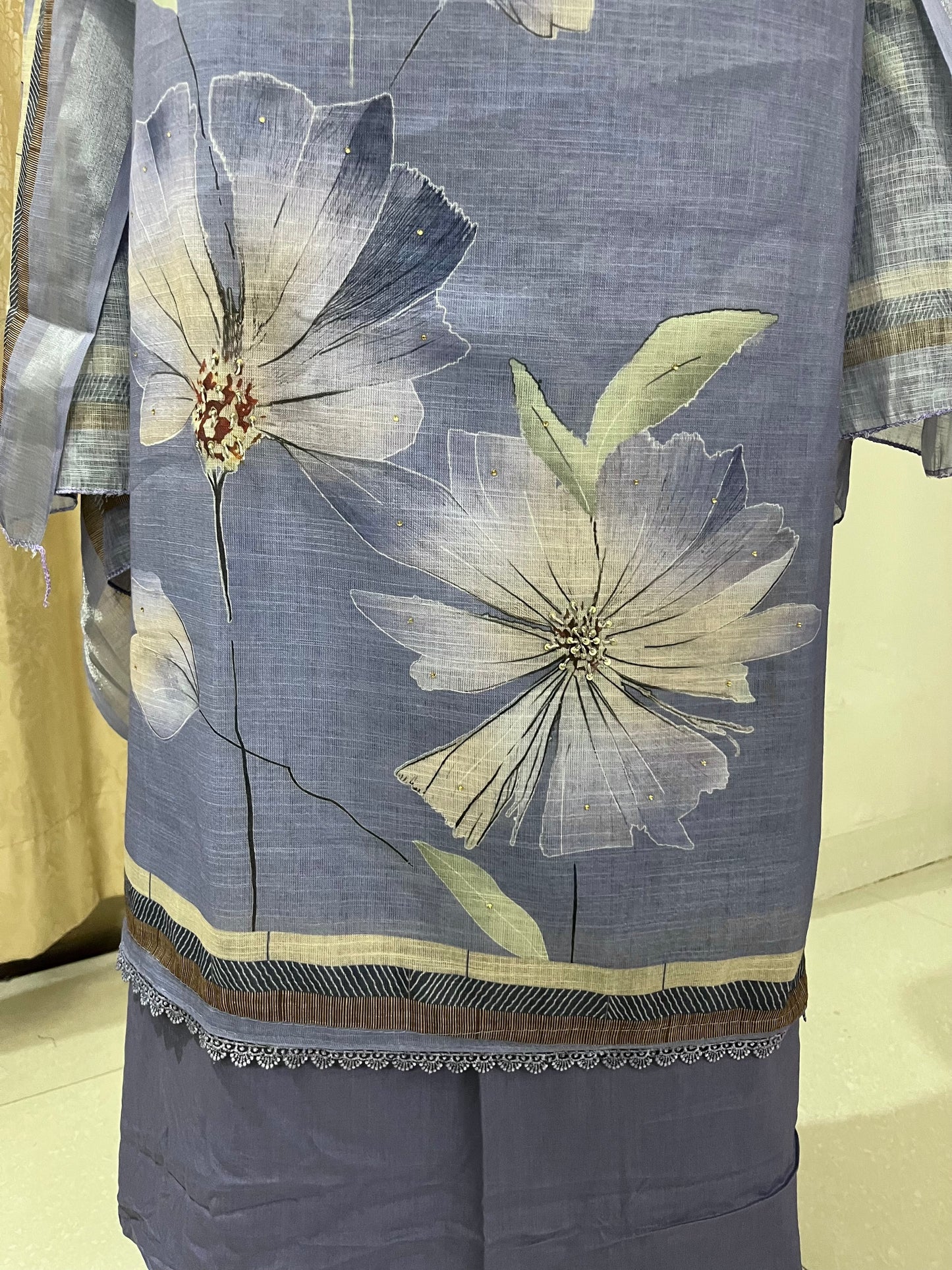 Hastkala Premium Linen Summer Floral Suit with Handwork - Lavender