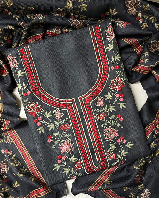 Sajda Pashmina Wool Suit with Boutique-Style Embroidery - Slate Grey