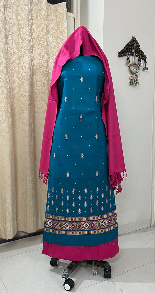 Pahadi Kullvi Soft Woolen Suit with Matching Stole - Magenta Pink