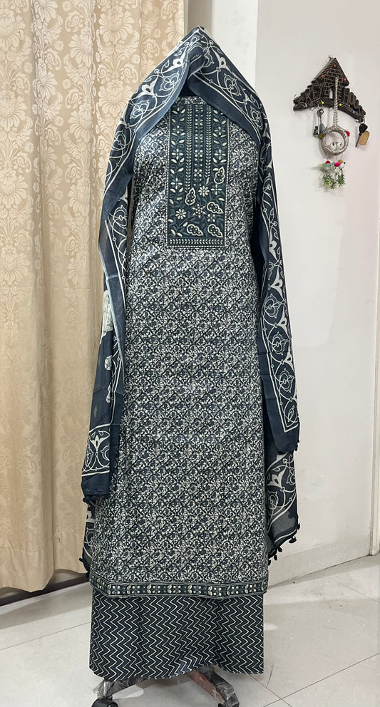 Sukoon Pure Cotton Suit Set with Embroidered Neck Patch - Steel Blue