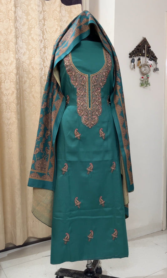 Virsa Pashmina Wool Suit with Antique-Style Embroidery - Teal Green