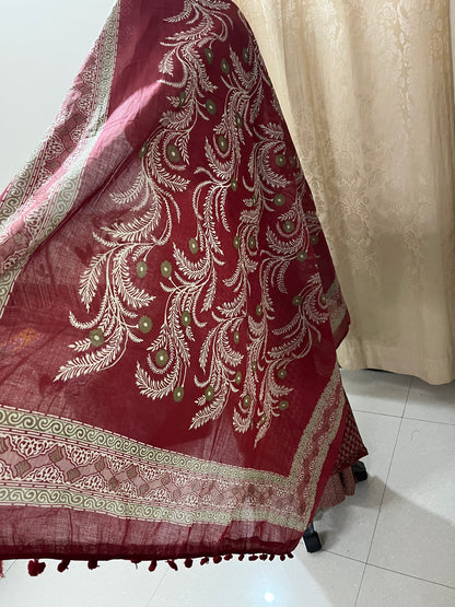 Roop Pure Cotton Suit Set with Embroidered Neck Patch - Brick Red