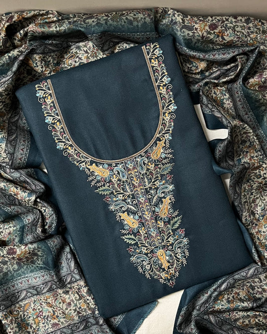 Noorbahaar Pashmina Wool Winter Suit with Matching Stole - Steel Blue