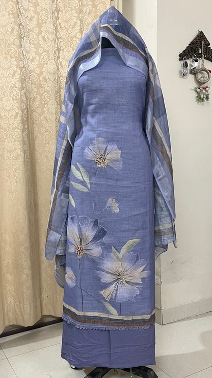 Hastkala Premium Linen Summer Floral Suit with Handwork - Lavender