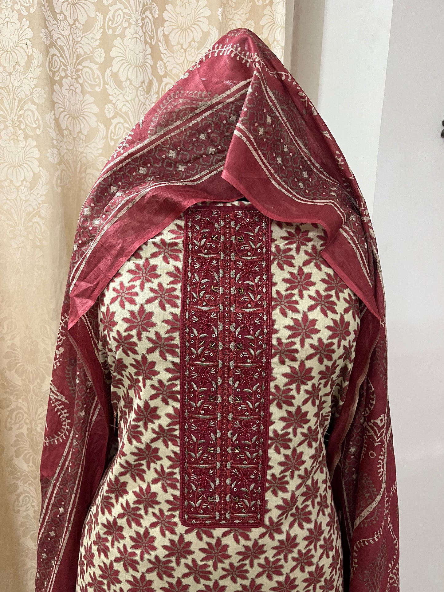 Nagma Pure Cotton Suit Set with Hand Embroidered Neck Patch - Rustic Red